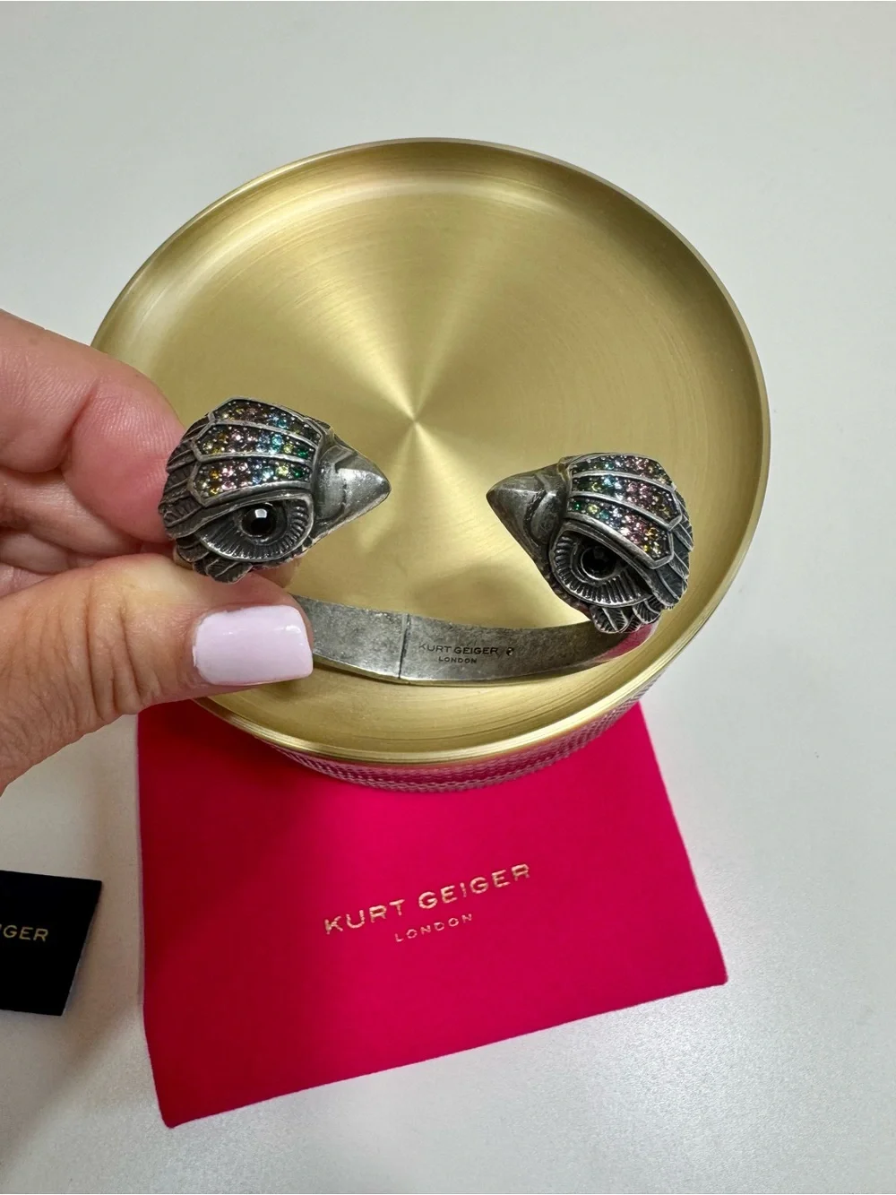 KURT GEIGER London Crystal Eagle Head Open Cuff Bracelet Rainbow Rhinestone NEW